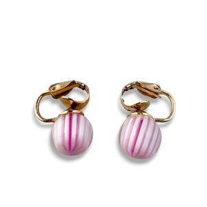 Vintage Pink White Stripe Glass Ball Dainty Clip On Earrings